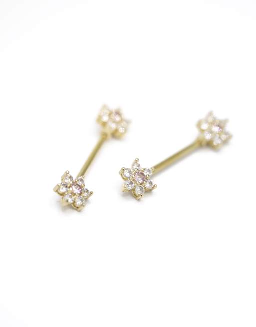 Lovisa - Lot de 2 piercings de téton en acier chirurgical plaqué or à fleur ornée de zircons cubiques - Doré, 3 de 3