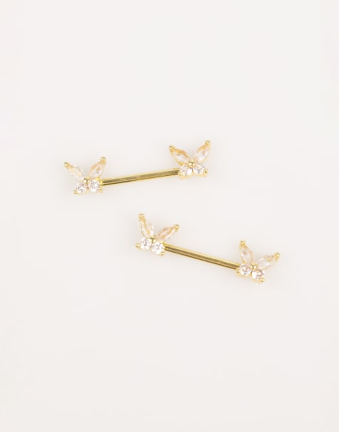 Lovisa - Lot de 2 piercings de téton en acier chirurgical plaqué or ornés de zircons cubiques - Doré - view 1