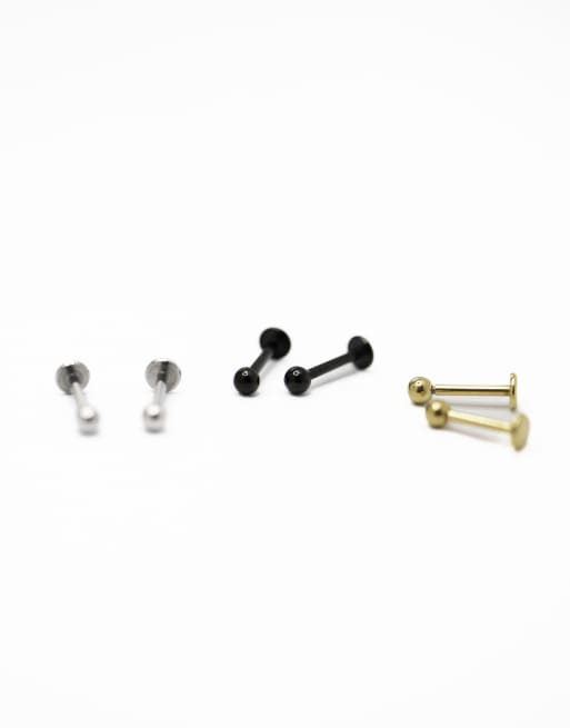 Lovisa - Lot de 3 clous d'oreilles en acier chirurgical avec petite boule et arrière plat - Multicolore, 2 de 3
