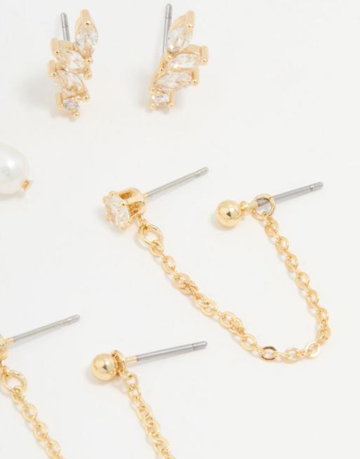 Lovisa - Lot de 3 paires de boucles d'oreilles plaqué or avec zircons cubiques et perles d'eau douce - Doré, 3 de 3