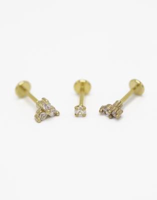 Lovisa - Lot de 3 piercings à arrière plat en acier chirurgical plaqué or avec zircons cubiques ronds - Doré