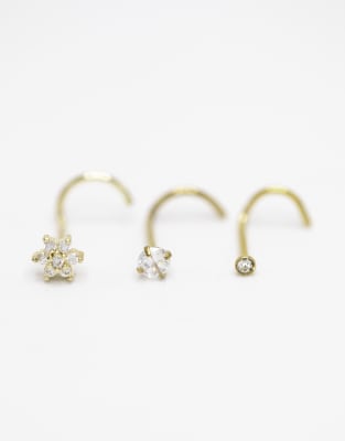 Lovisa - Lot de 3 piercings de nez forme triangulaire sans fil avec fleur en titane - Doré