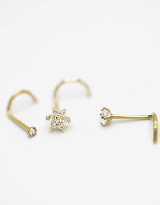 Lovisa - Lot de 3 piercings de nez forme triangulaire sans fil avec fleur en titane - Doré, 4 de 4