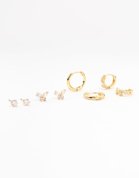 Lovisa - Lot de 4 boucles d'oreilles en laiton plaqué or avec strass, papillon et étoile - Doré - view 1