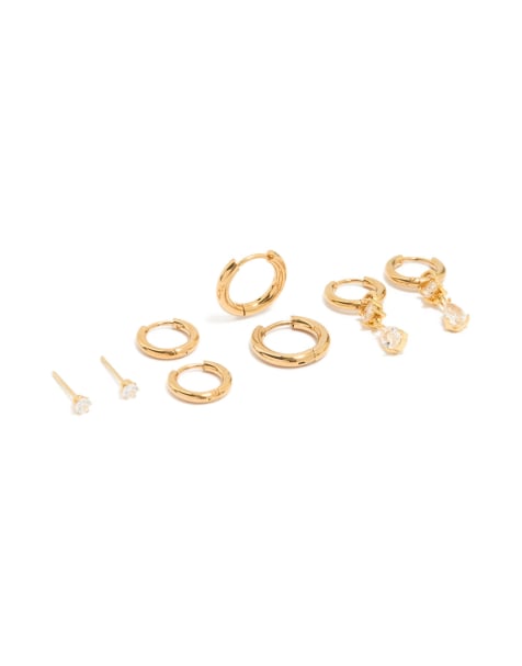 Lovisa - Lot de 4 paires de boucles d'oreilles en acier massif étanche plaqué or avec zircons cubiques - Doré - view 1