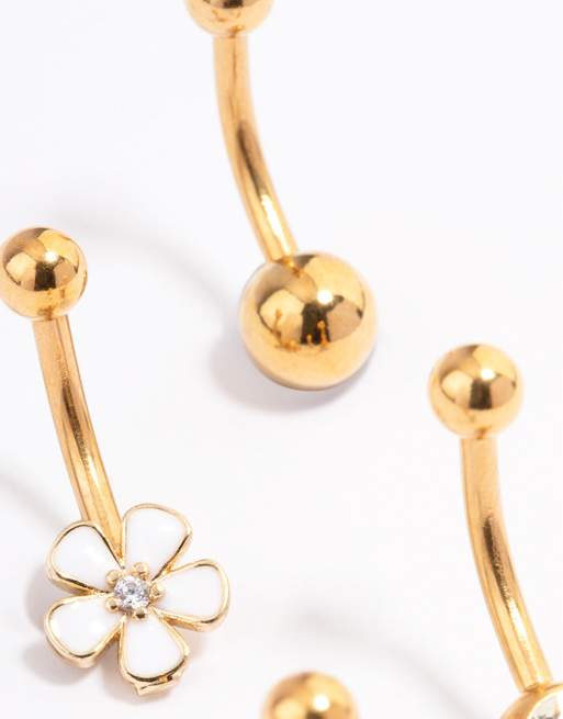 Lovisa - Lot de 4 anneaux de nombril en acier chirurgical plaqué or avec fleur et clou - Doré, 2 de 3