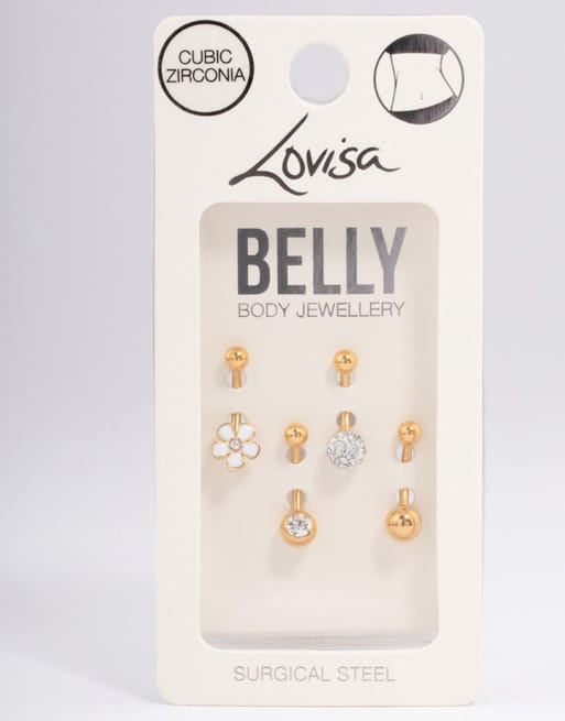 Lovisa - Lot de 4 anneaux de nombril en acier chirurgical plaqué or avec fleur et clou - Doré, 3 de 3