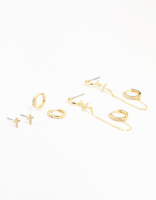 Lovisa - Lot de 4 paires de boucles d'oreilles en laiton plaqué or avec croix et chaîne - Doré
