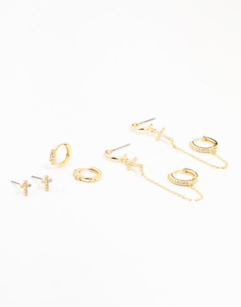 Lovisa - Lot de 4 paires de boucles d'oreilles en laiton plaqué or avec croix et chaîne - Doré - view 1