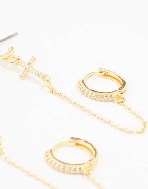 Lovisa - Lot de 4 paires de boucles d'oreilles en laiton plaqué or avec croix et chaîne - Doré, 3 de 4