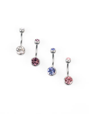 Lovisa - Lot de 4 piercings de nombril en acier chirurgical avec strass multicolores - Argenté