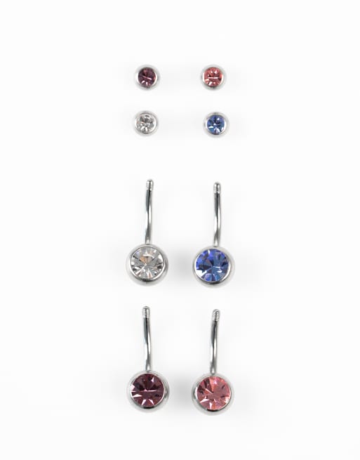 Lovisa - Lot de 4 piercings de nombril en acier chirurgical avec strass multicolores - Argenté , 2 de 3