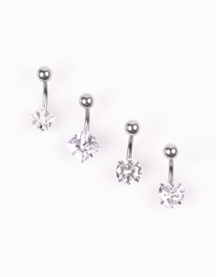 Lovisa - Lot de 4 piercings de nombril en acier chirurgical avec zircons cubiques - Argenté