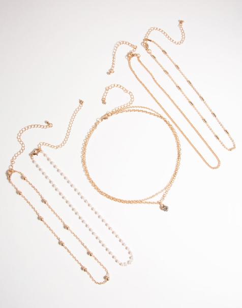 Lovisa - Lot de 6 colliers ras du cou à strass et perles - Doré - view 1