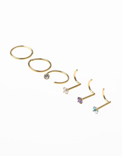 Lovisa - Lot de 6 piercing de nez en acier chirurgical plaqué or avec strass - Doré