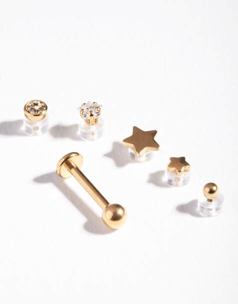 Lovisa - Lot de 6 piercings à arrière plat en acier chirurgical plaqué or avec extrémités interchangeables en forme d'étoile - Doré - view 1
