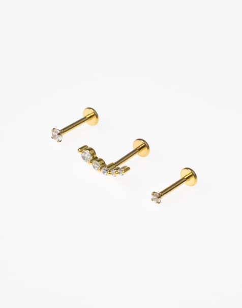 Lovisa - Lot de boucles d'oreilles à arrière plat en acier chirurgical plaqué or avec zircons cubiques et détail grimpant - Doré - view 1