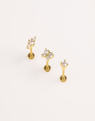 Lovisa - Lot de piercings à arrière plat en titane doré avec zircons cubiques - Doré