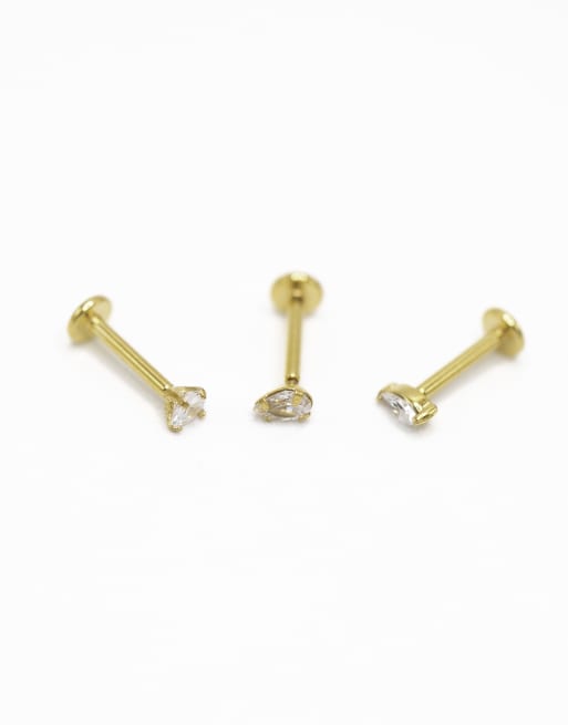 Lovisa - Lot de piercings classiques en acier chirurgical plaqué or avec fixation plate à l'arrière et zircons cubiques- Doré