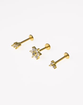 Lovisa - Lot de piercings fleurs à arrière plat en acier chirurgical - Doré - view 1