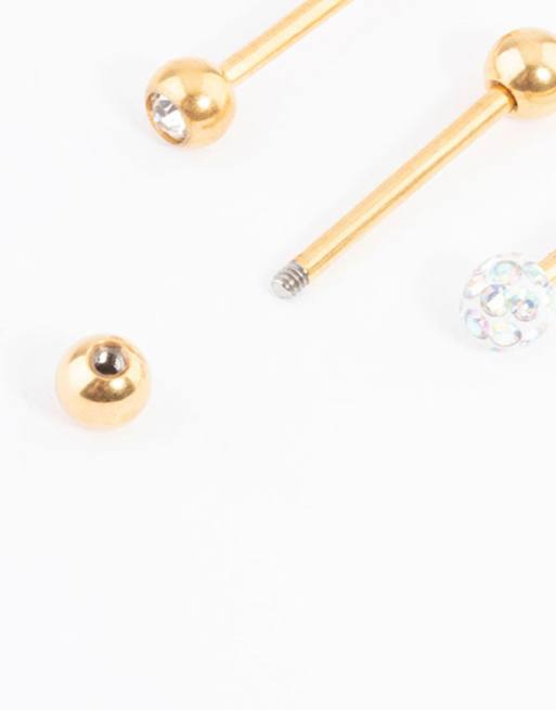 Lovisa - Lot de piercings pour la langue avec boule pavée en titane plaqué or - Doré, 2 de 4