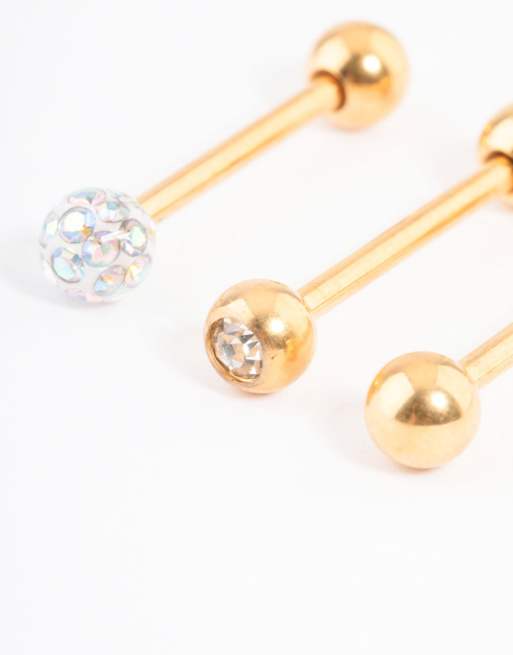 Lovisa - Lot de piercings pour la langue avec boule pavée en titane plaqué or - Doré, 3 de 4