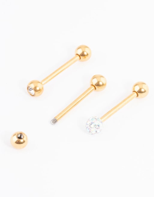Lovisa - Lot de piercings pour la langue avec boule pavée en titane plaqué or - Doré, 4 de 4