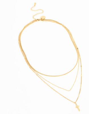 Lovisa - Mehrlagige Halskette aus vergoldetem, wasserfestem Edelstahl in Goldoptik mit Kreuzanhänger-Goldfarben