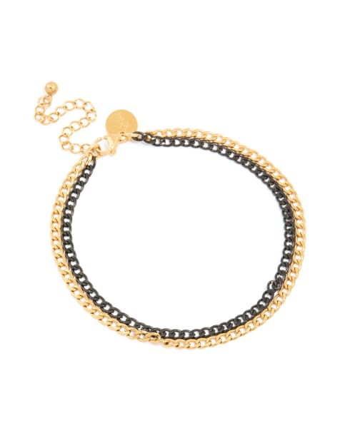 Lovisa Mens waterproof gold plated stainless steel & black coated metal double chain bracelet in multicolour - view 1