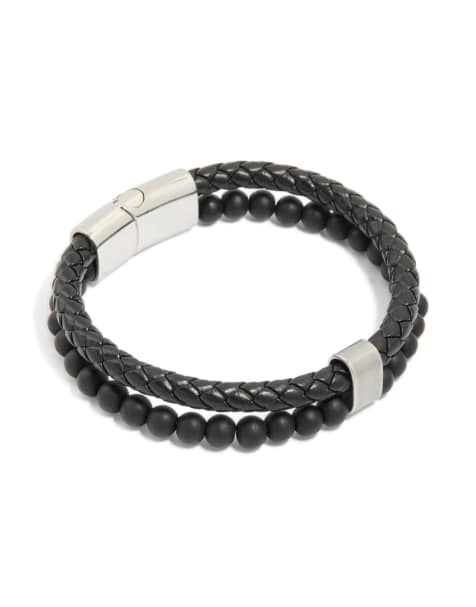Lovisa Mens waterproof stainless steel braided & beaded bracelet in black - view 1