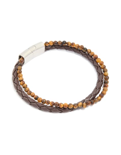 Lovisa Mens waterproof stainless steel semi precious beaded & braided bracelet in brown - view 1