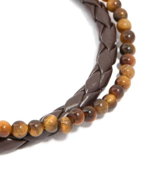 Lovisa Mens waterproof stainless steel semi precious beaded & braided bracelet in brown, 2 of 3