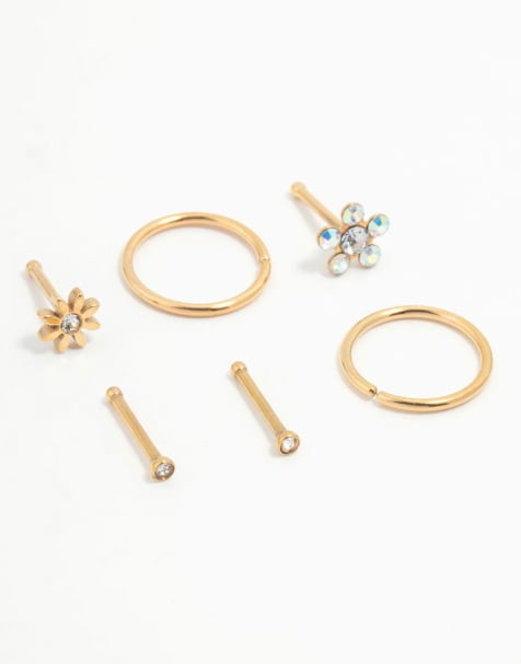 Lovisa – Nasenstecker und Nasenringe im Blumendesign aus vergoldetem Titan im 6er-Pack - view 1