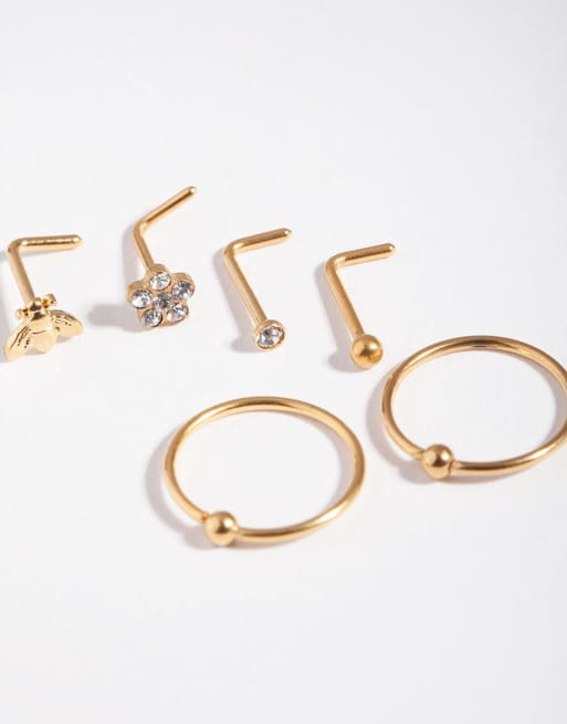 Lovisa - Neusknopjes van verguld chirurgisch staal met bloemen en bijen in goud, verpakking van 6 stuks