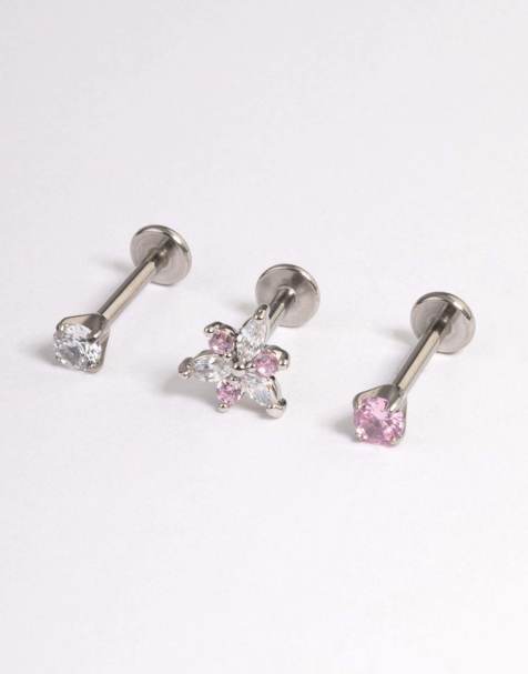 Lovisa orecchino flat back a fiore con cubic zirconia marquise in acciaio chirurgico, color argento - view 1