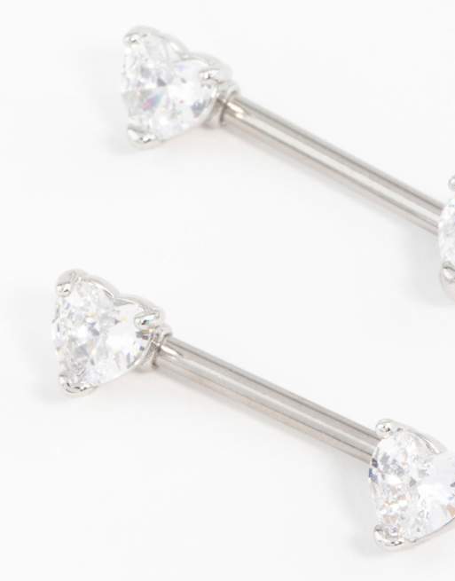 Lovisa - Pack de 2 piercings para el pecho plateados con circonitas en forma de corazón de acero quirúrgico, 2 de 3