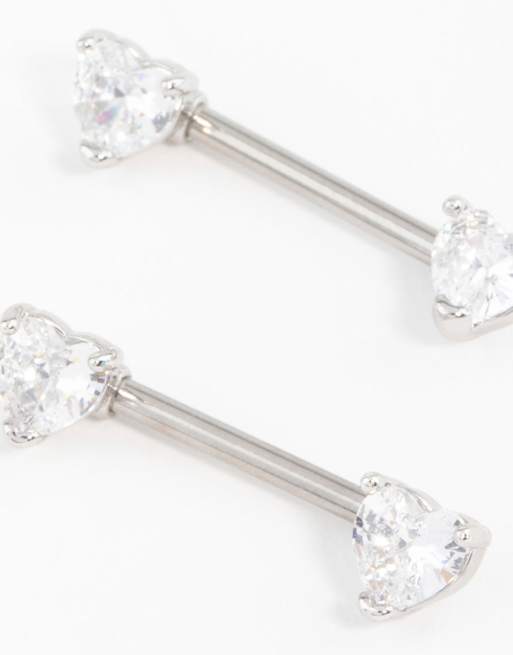 Lovisa - Pack de 2 piercings para el pecho plateados con circonitas en forma de corazón de acero quirúrgico, 3 de 3
