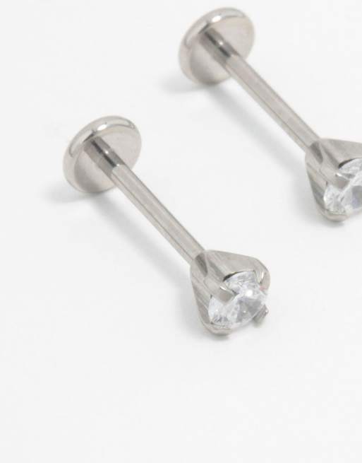 Lovisa - Pack de 2 pares de pendientes de botón plateados con parte trasera plana de acero quirúrgico con circonitas, 3 de 3