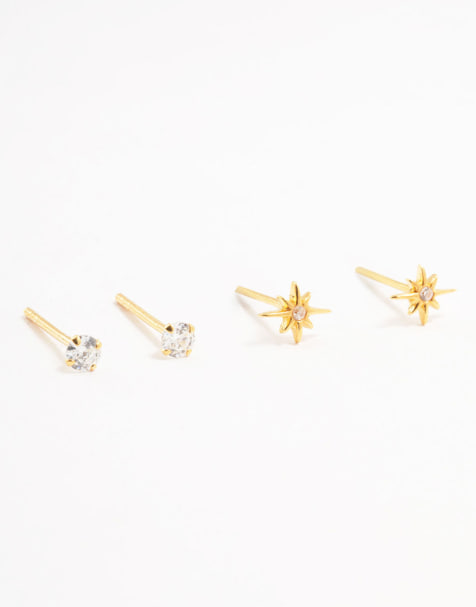 Lovisa - Pack de 2 pendientes pequeños dorados con diseño de estrella de plata de ley chapados en oro - view 1