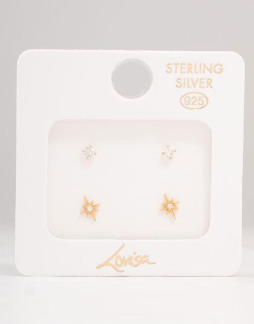Lovisa - Pack de 2 pendientes pequeños dorados con diseño de estrella de plata de ley chapados en oro, 2 de 4