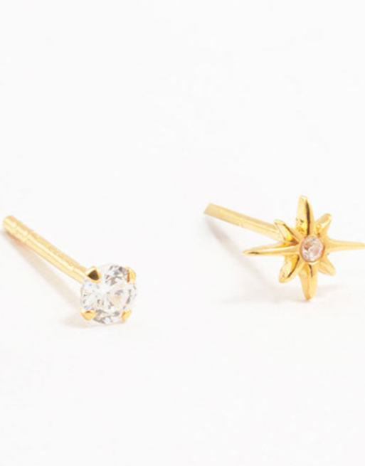 Lovisa - Pack de 2 pendientes pequeños dorados con diseño de estrella de plata de ley chapados en oro, 3 de 4