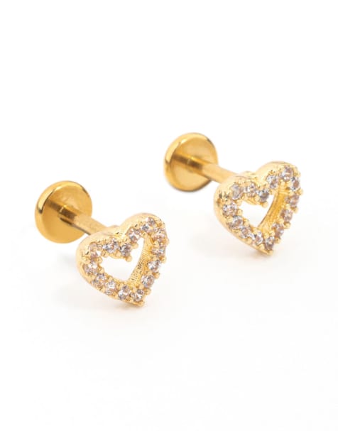 Lovisa - Pack de 2 piercings dorados de acero quirúrgico chapado en oro con parte trasera plana y diseño de corazón con circonitas - view 1