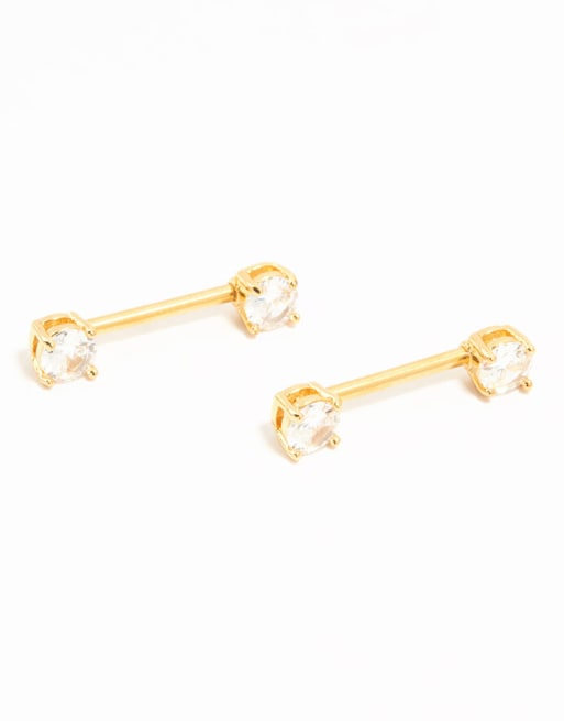 Lovisa - Pack de 2 piercings dorados para pezones de titanio chapado en oro con circonitas redondas, 2 de 4