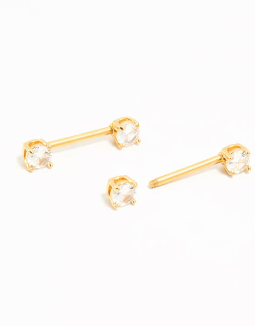 Lovisa - Pack de 2 piercings dorados para pezones de titanio chapado en oro con circonitas redondas, 3 de 4