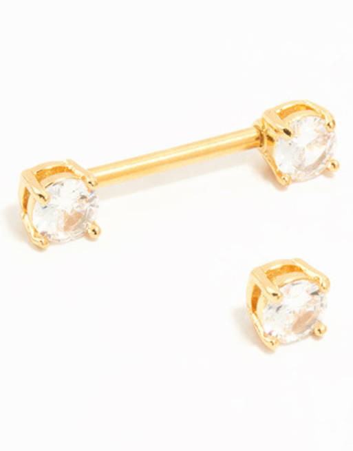 Lovisa - Pack de 2 piercings dorados para pezones de titanio chapado en oro con circonitas redondas, 4 de 4