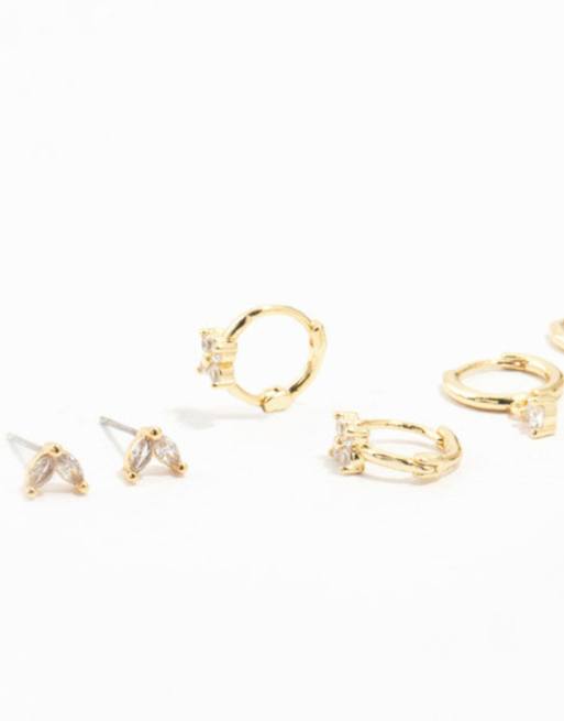 Lovisa - Pack de 4 pares de pendientes de aro dorados de latón chapado en oro con circonitas, 2 de 4