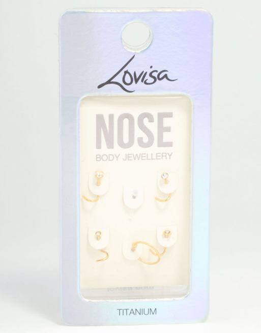 Lovisa - Pack de 6 piercings dorados para la nariz de titanio chapado en oro con circonitas variadas, 2 de 4