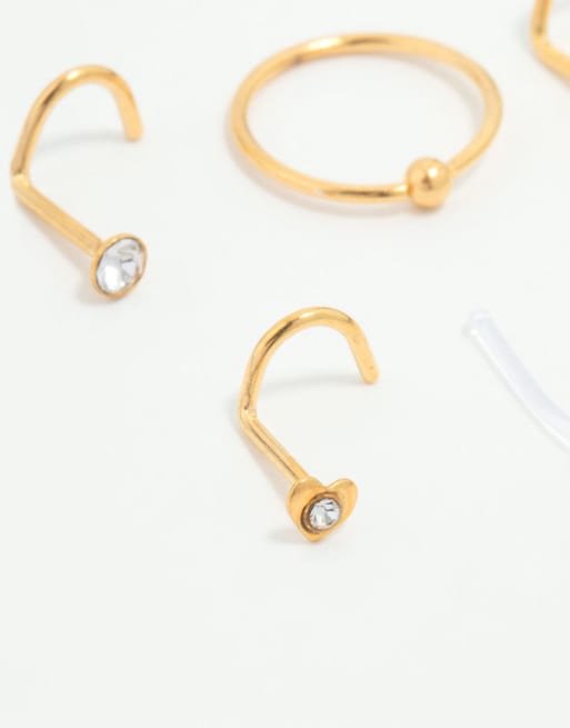 Lovisa - Pack de 6 piercings dorados para la nariz de titanio chapado en oro con circonitas variadas, 3 de 4