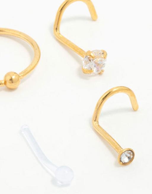Lovisa - Pack de 6 piercings dorados para la nariz de titanio chapado en oro con circonitas variadas, 4 de 4