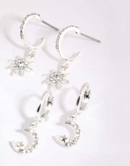 Lovisa - Pack de pares de pendientes de aro pequeños plateados con diseño celestial, 2 de 4